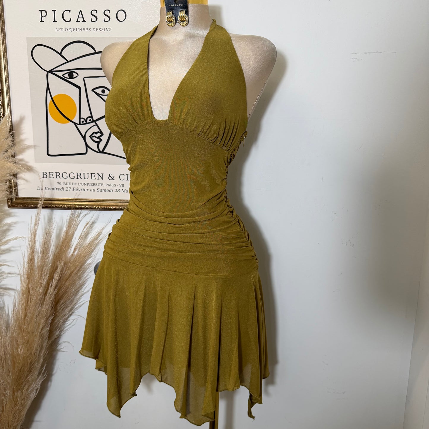 Halter Neck Ruched Waist Asymmetrical Hem Mini Dress-Marigold