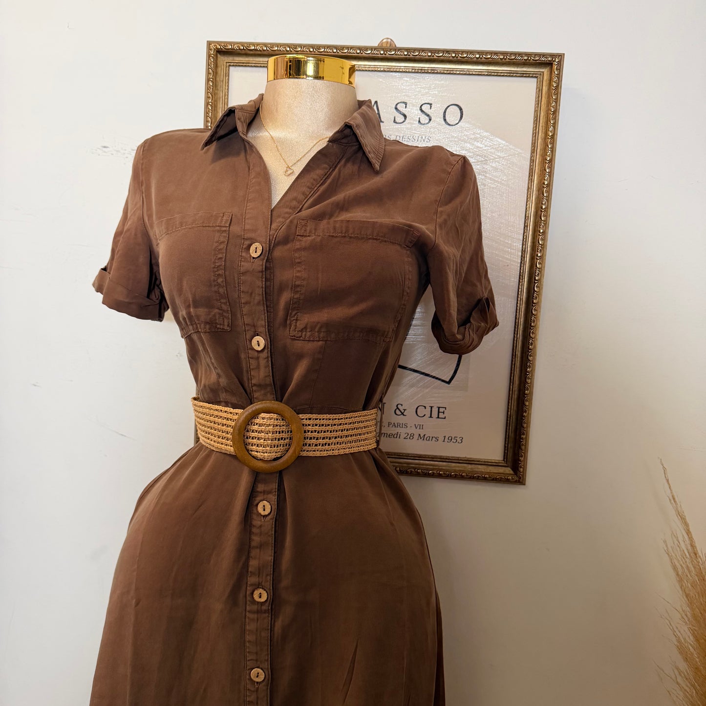 Short Sleeve Belted Dress-Brown