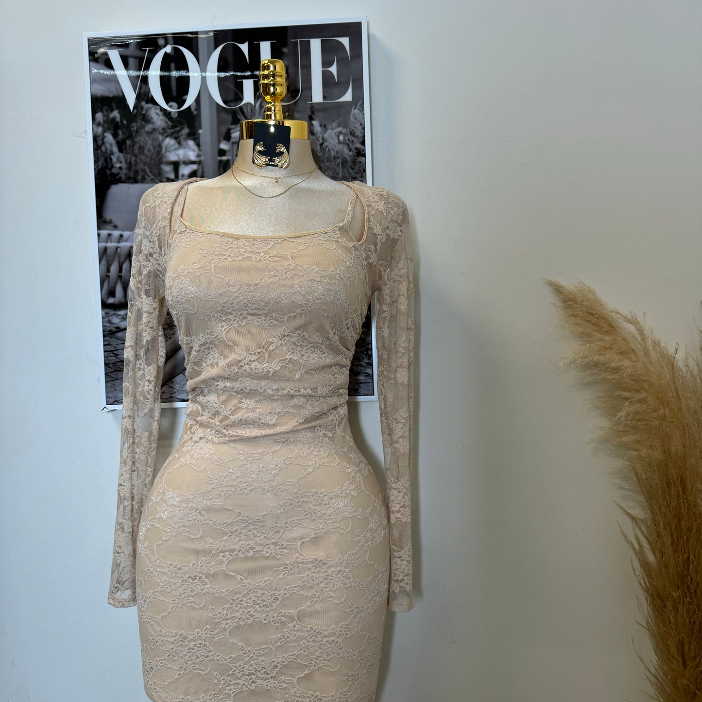 Aimara Lace Long Sleeve  Dress-Beige