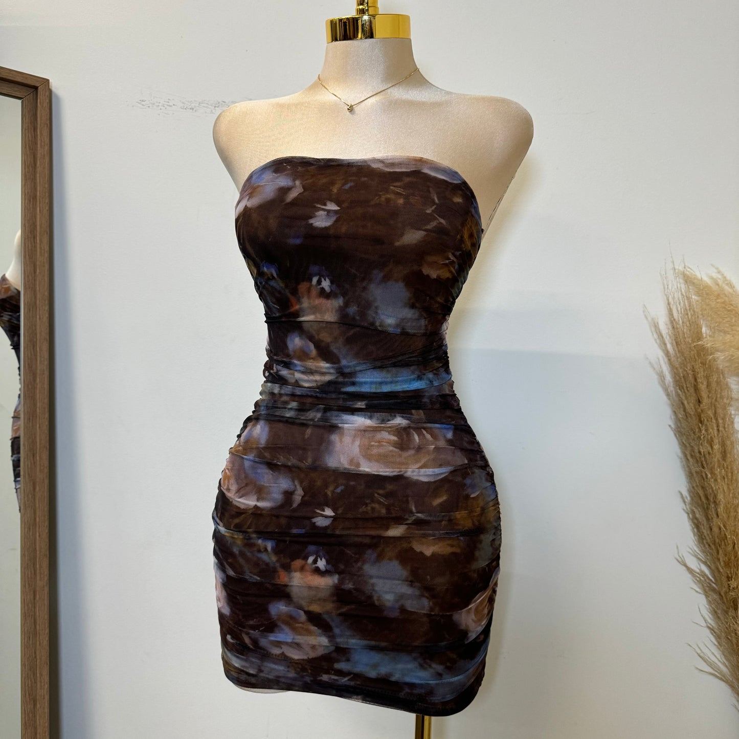 Floral Print Mesh Tube Mini Dress-Brown