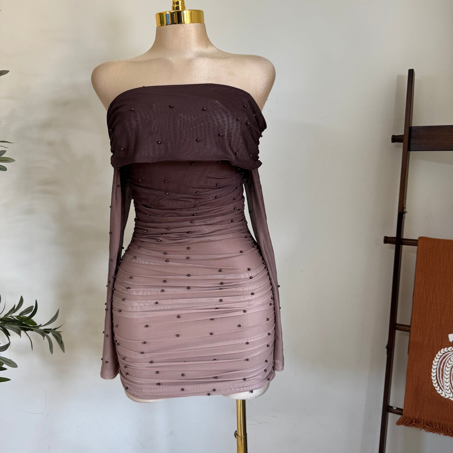 Off Shoulder Pearl ombré dress-Mocha