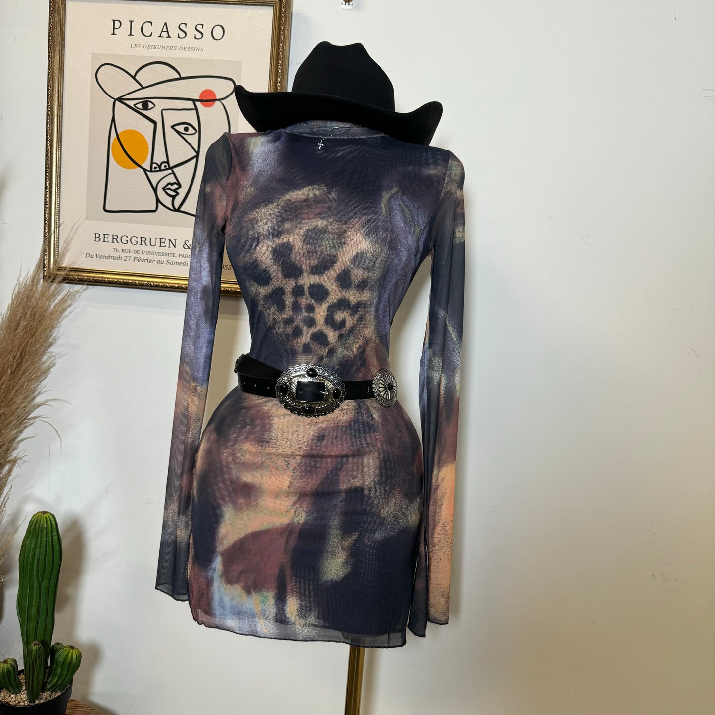 TORY Mesh Long Sleeve Dress-Multi Cheetah Print