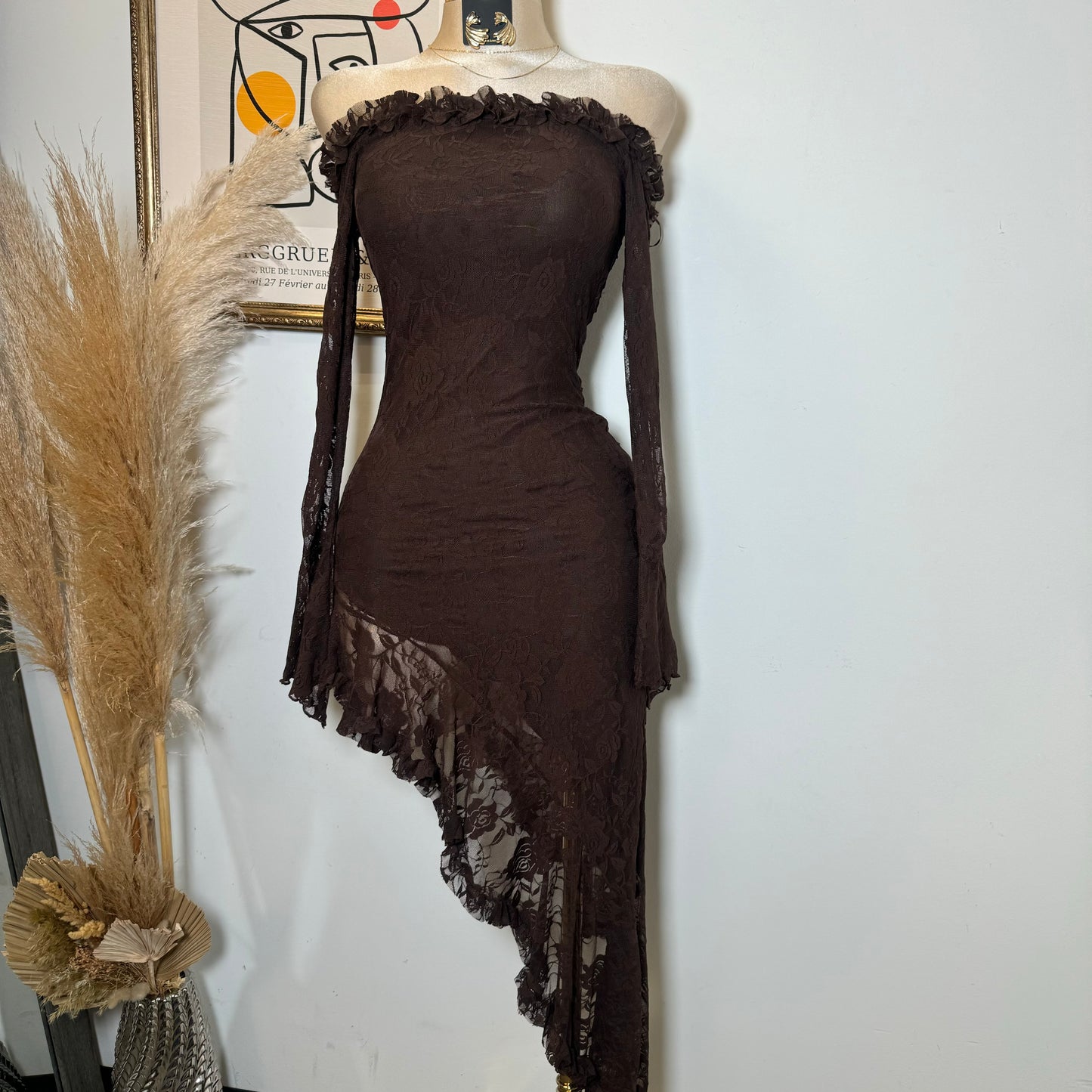Off Shoulder Lace Dress-Brown