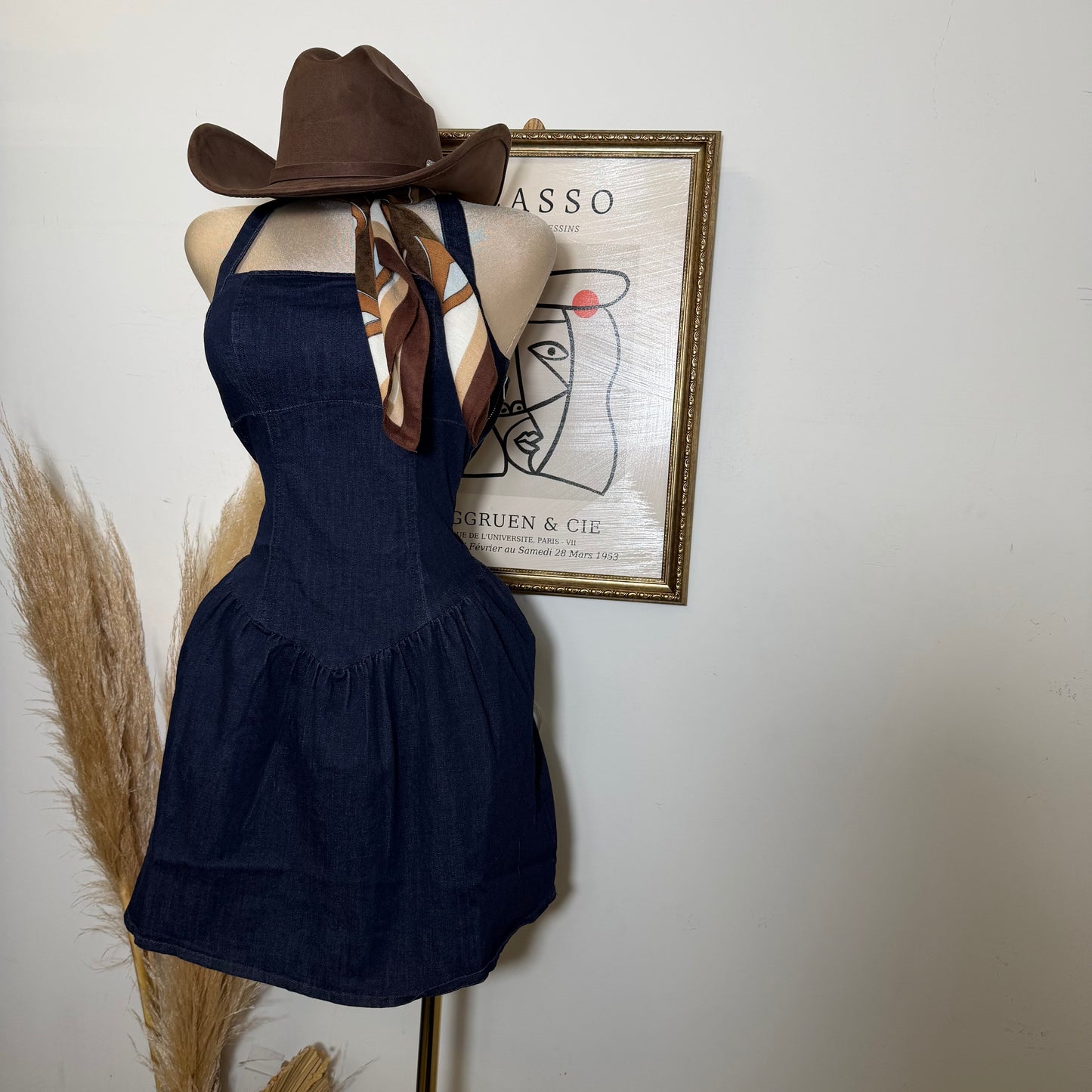 Halter Denim Flare Dress-Indigo