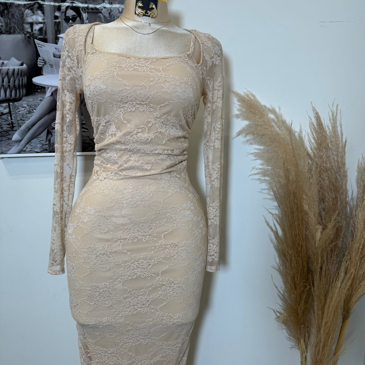 Aimara Lace Long Sleeve  Dress-Beige