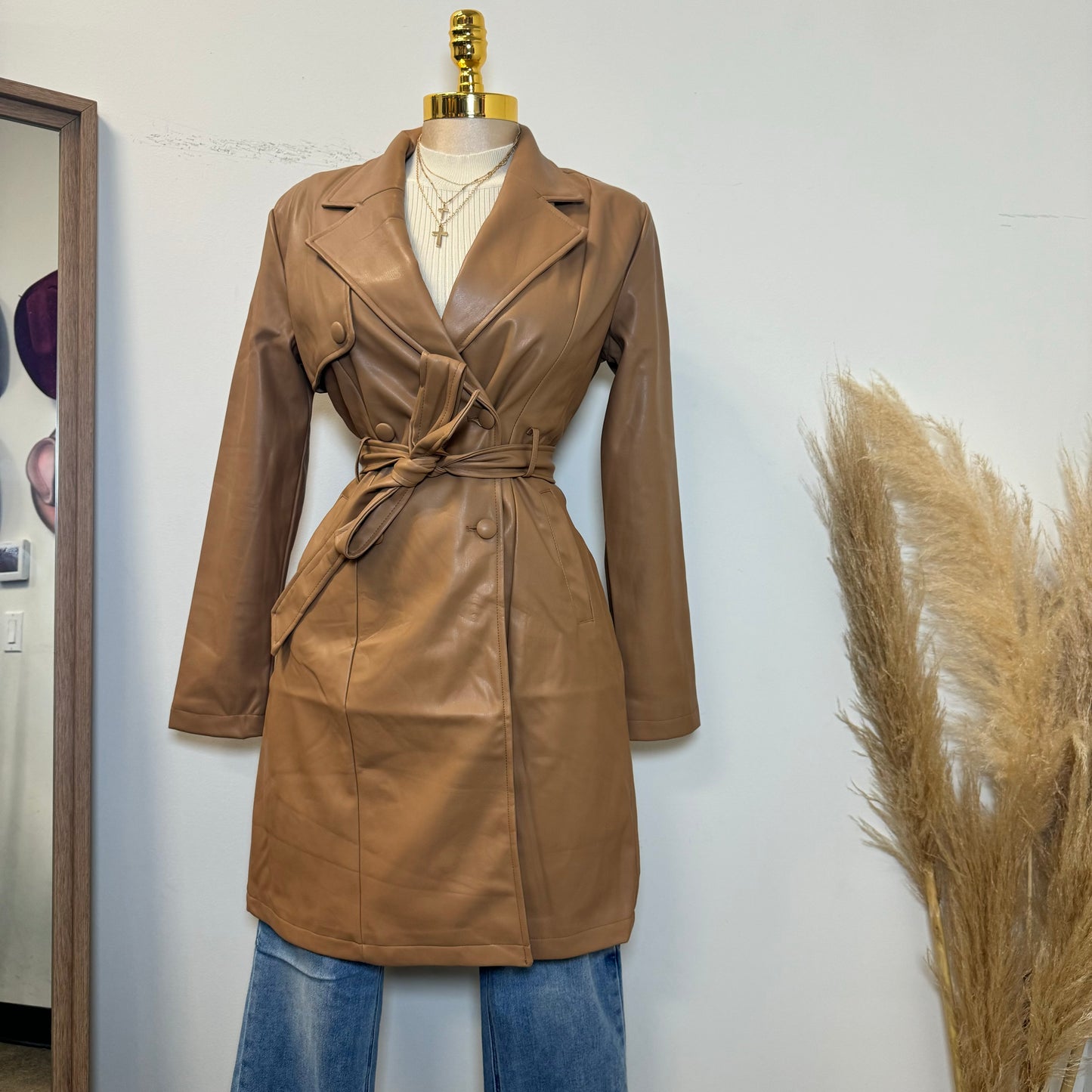 La Cherry PU Long Coat-Camel