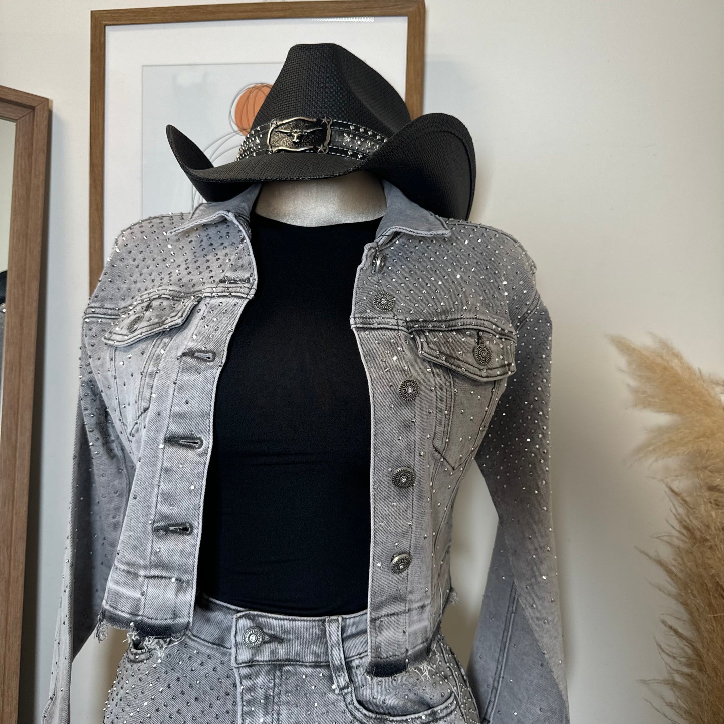 All Rhinestone Denim Jacket -Gray