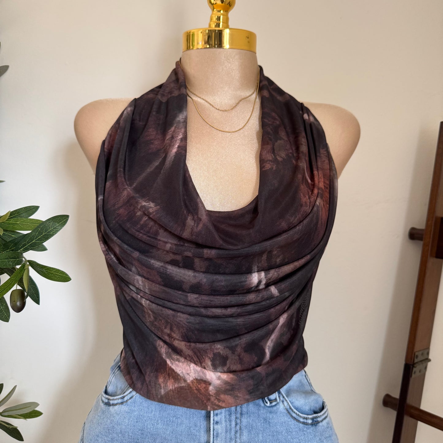 Cowl Neck Mesh Print Lining Top-Brown