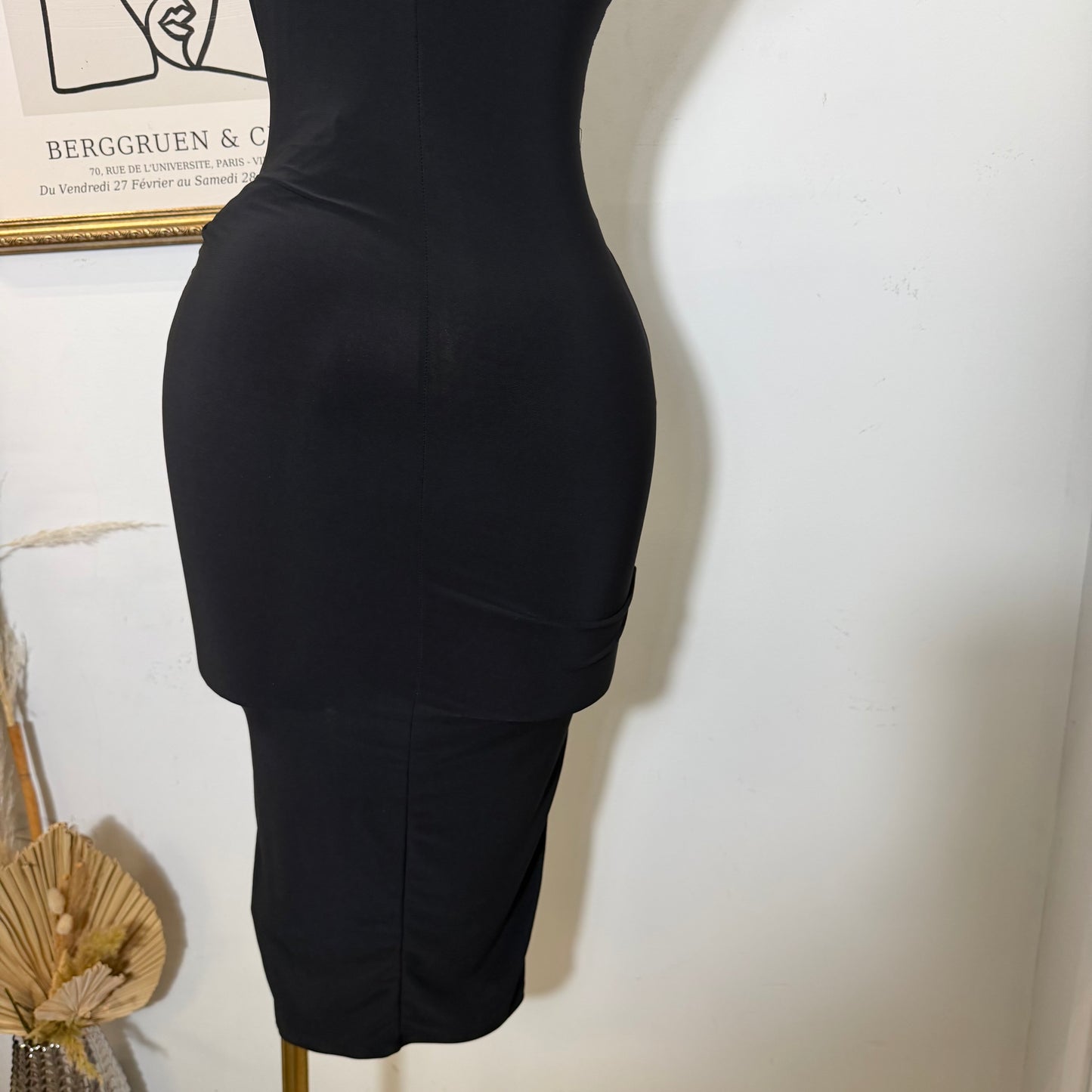 Lace Waist Contrast Midi Dress-Black