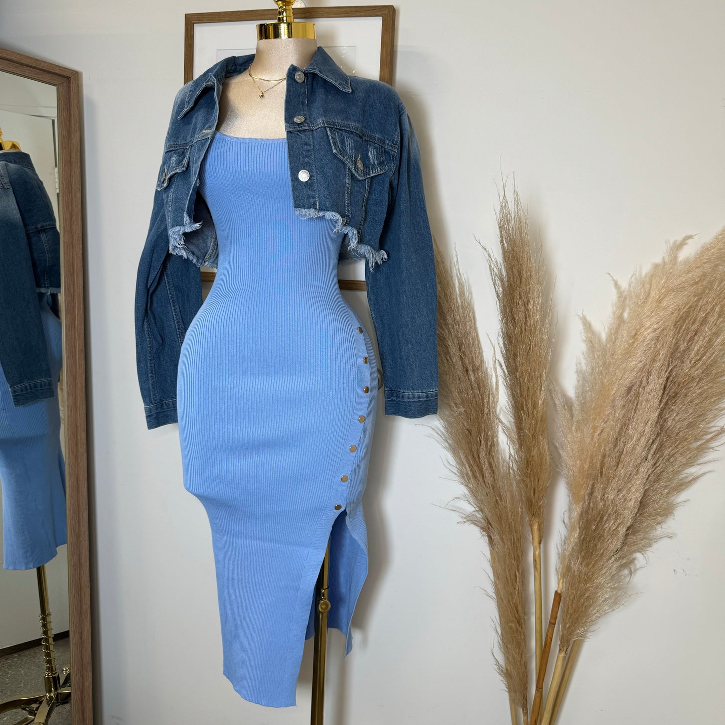 Cielito Open Slit Ribbed Midi Dress-Blue