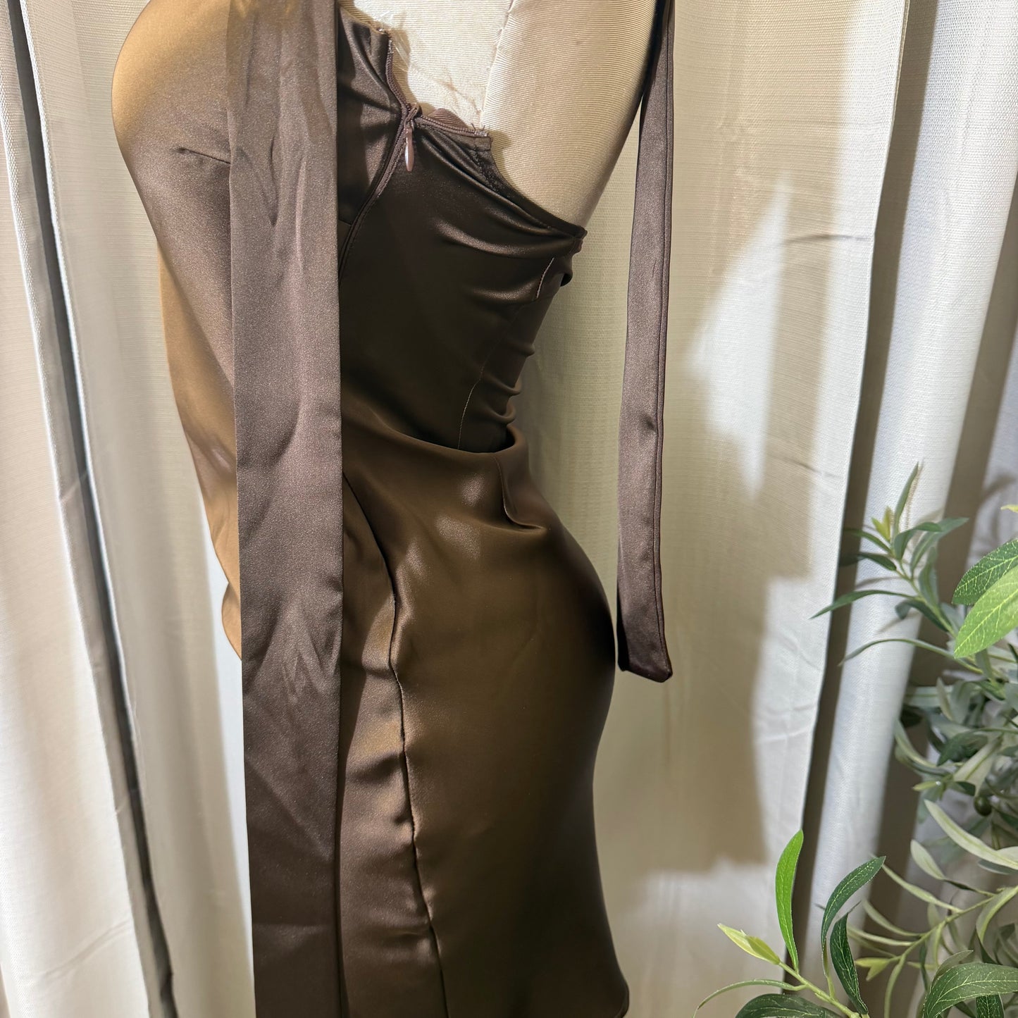 Satin strapless Mini Dress-Brown