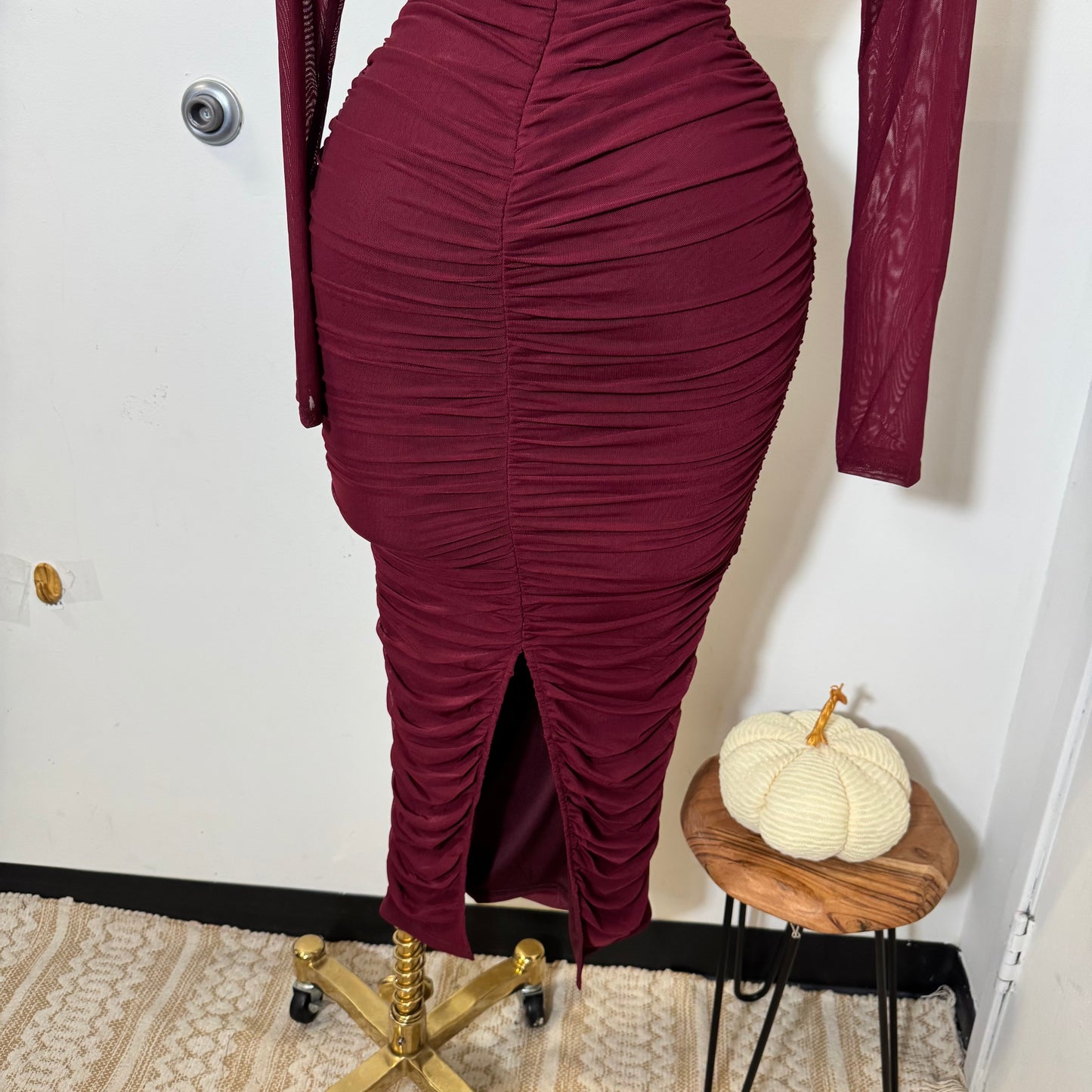 Round Neck Long Sleeve Ruching Midi Dress-Dk Cherry