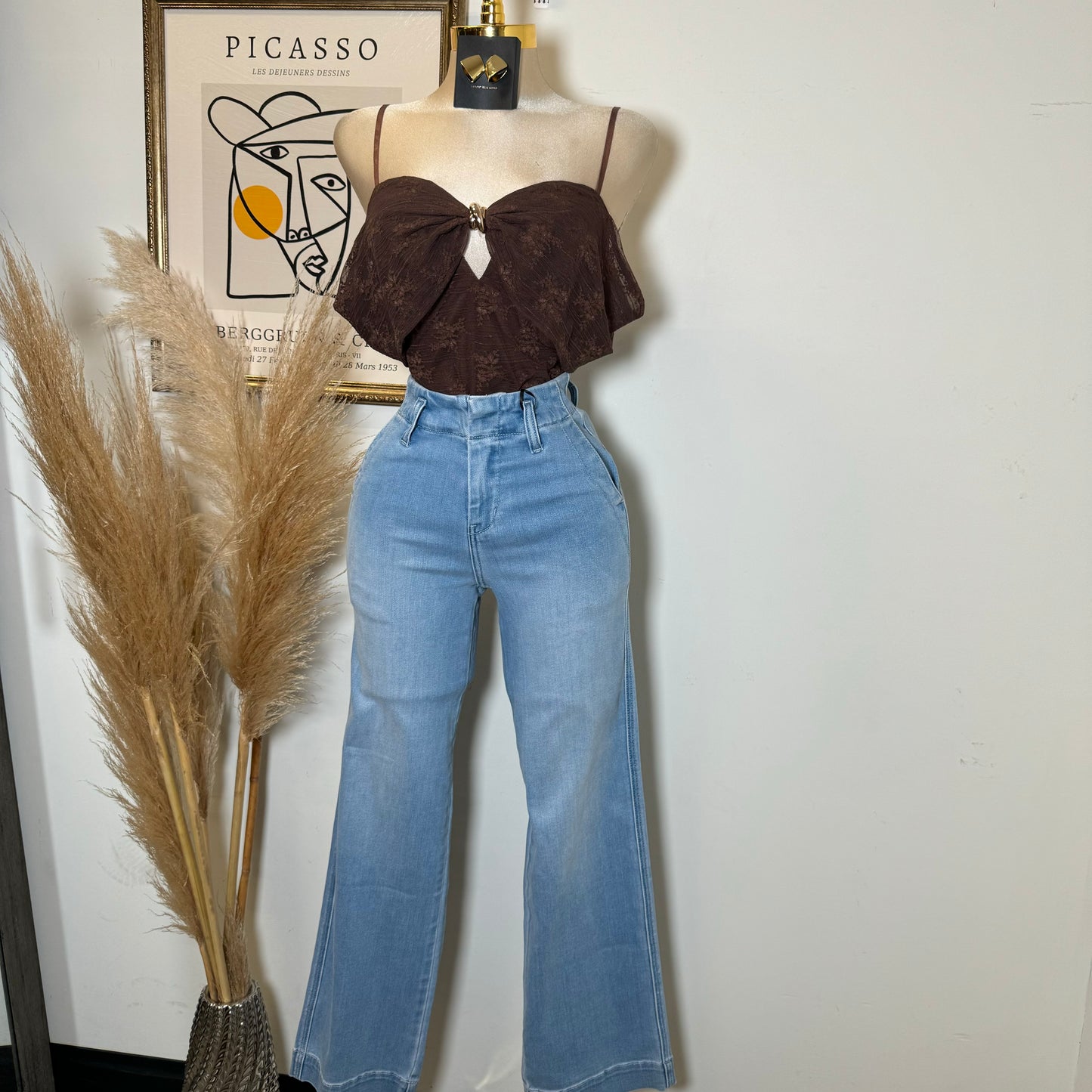 Lace Gold Trim Inset Off shoulder bodysuit-Brown