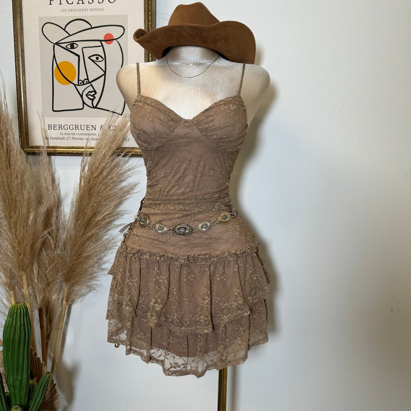 Lace Ruffle Mini Dress-Mocha