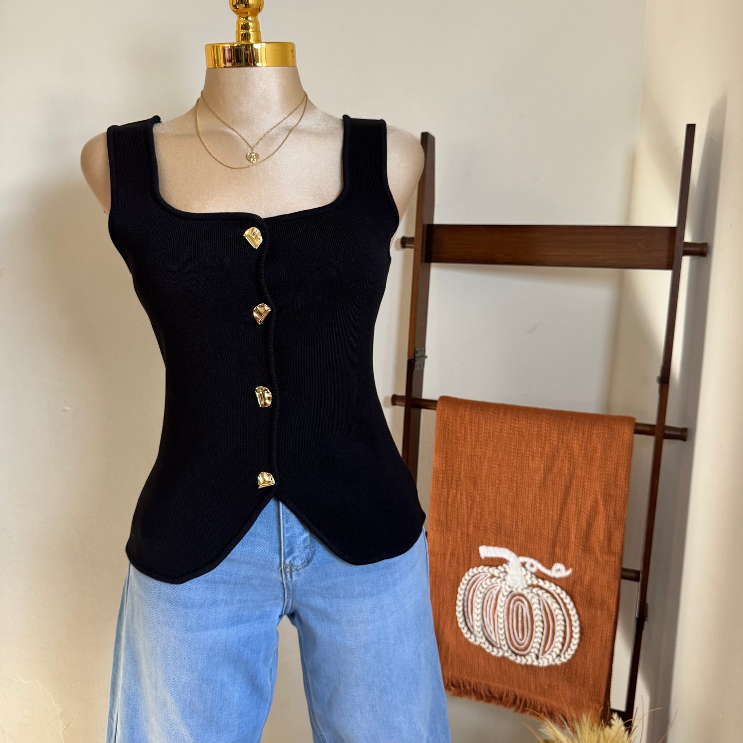Tank Knitted Top with gold buttons-Black