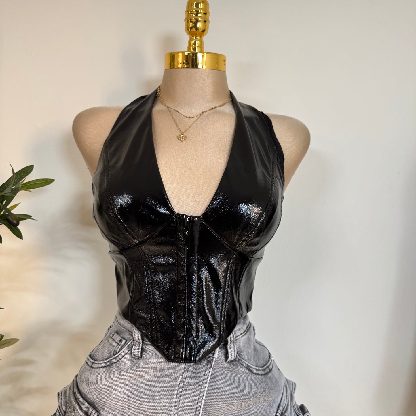 Shiny Stretch Pleather Halter Top-Black