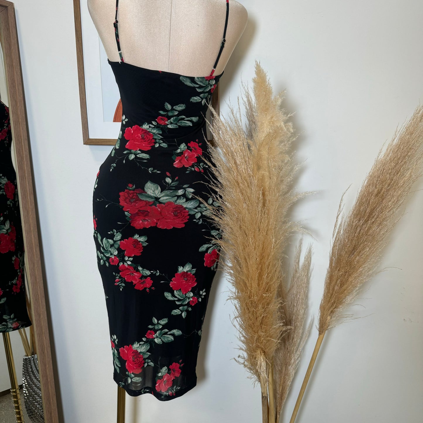 Rose Mesh Spaghetti Dress-Black/Red