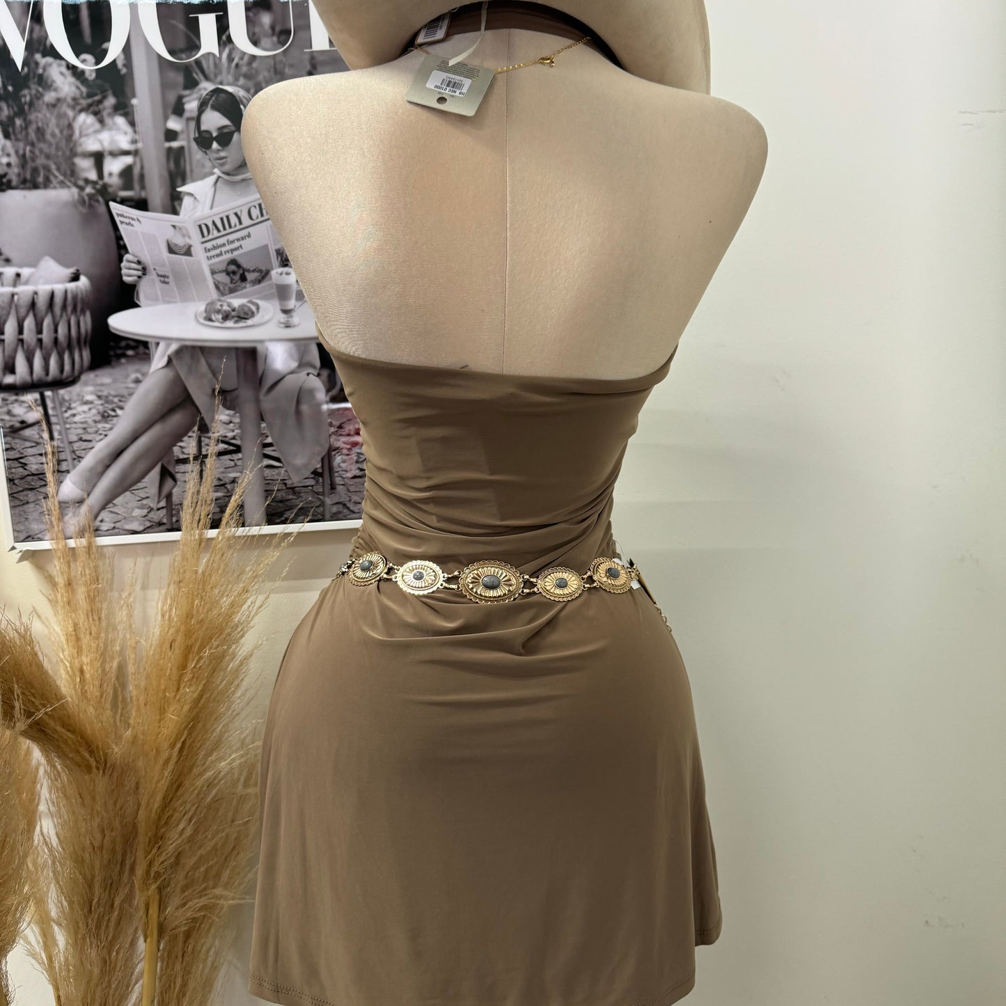 Sleeveless Halter Square Neckline Mini Dress-Brown