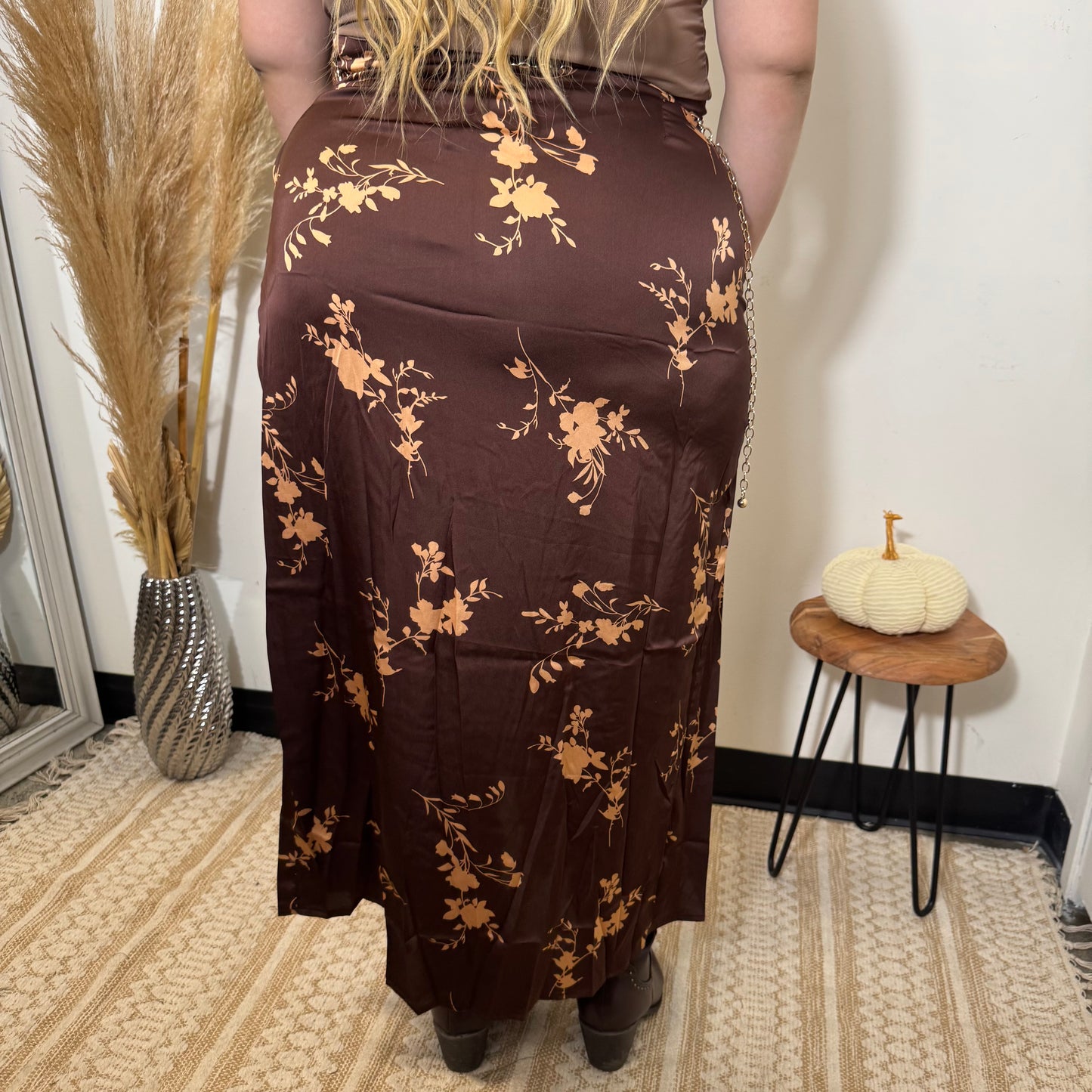Print Satin Skirt Open Slit Dress-Brown