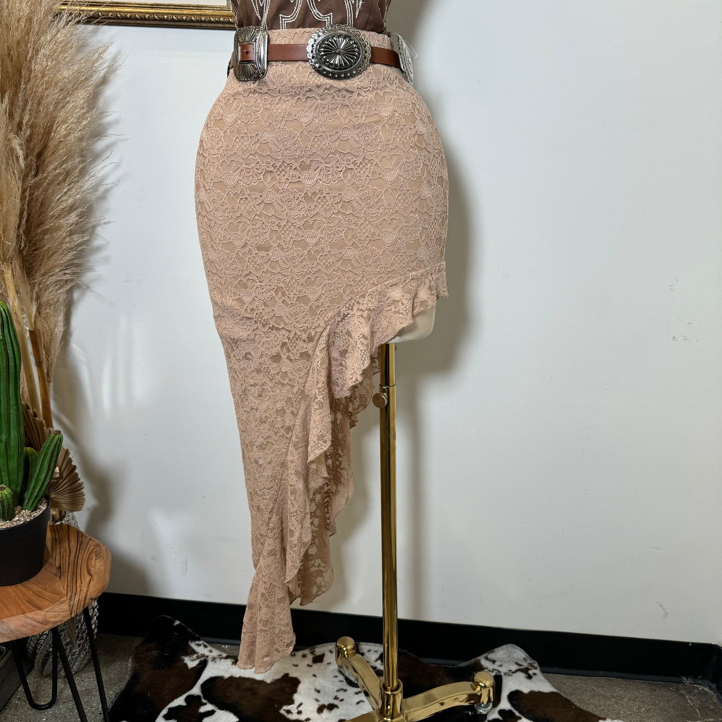 Asymmetrical Lace Maxi Skirt-Brown