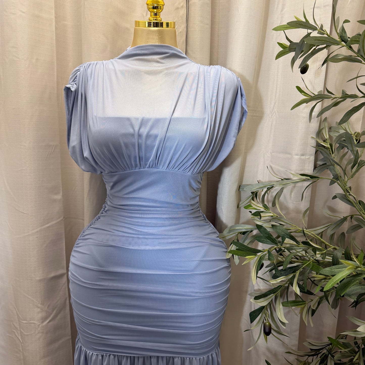 Mesh & Knit Mix Long Dress-Light Blue
