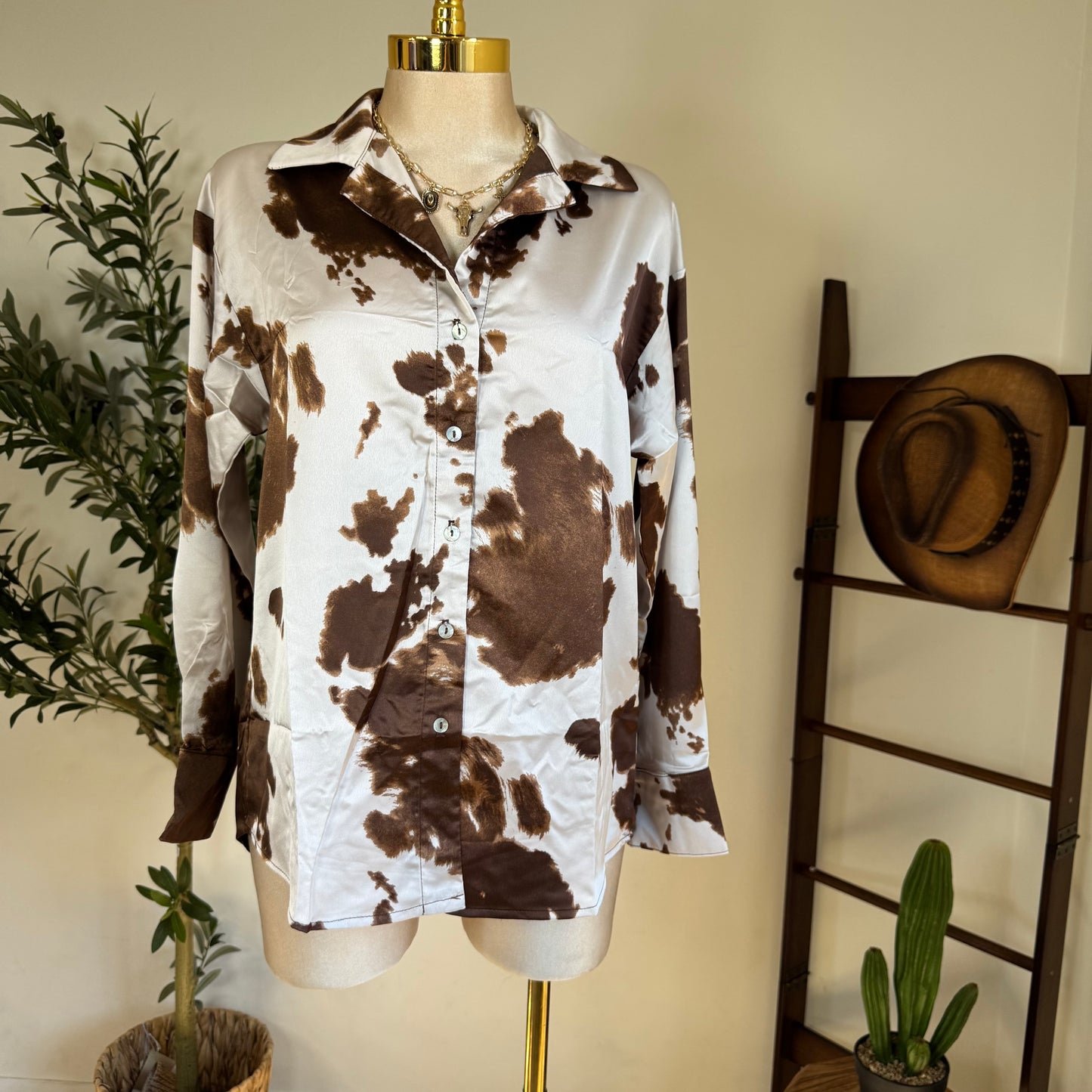 Cow Print Satin Button Down Long sleeve Shirt-Brown