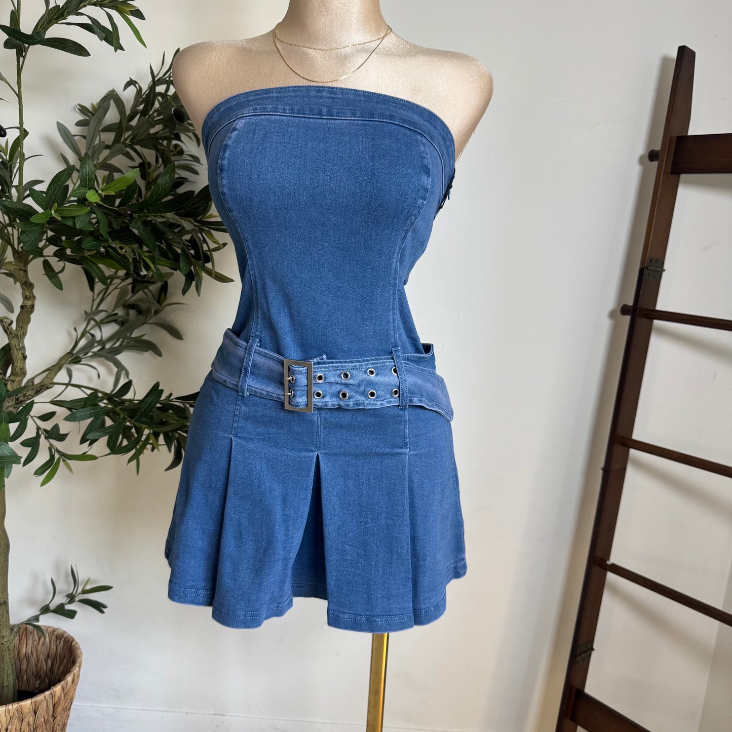 strapless Denim Belted Dress-Denim