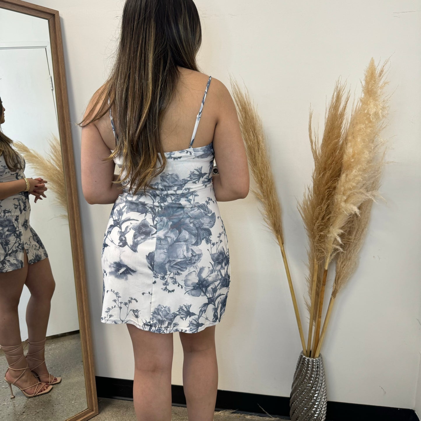 Luxe Floral Mesh Lace Strim Mini Dress-Blue/White