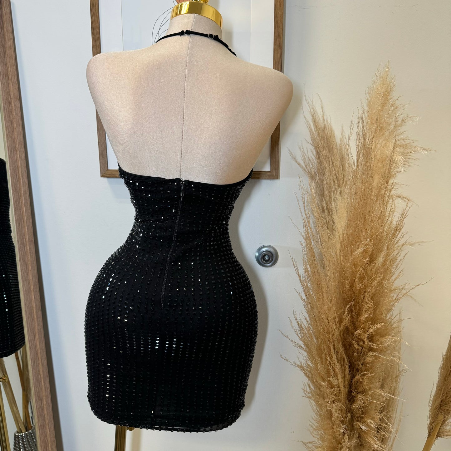 Vegas Rhinestone Halter Dress-Black