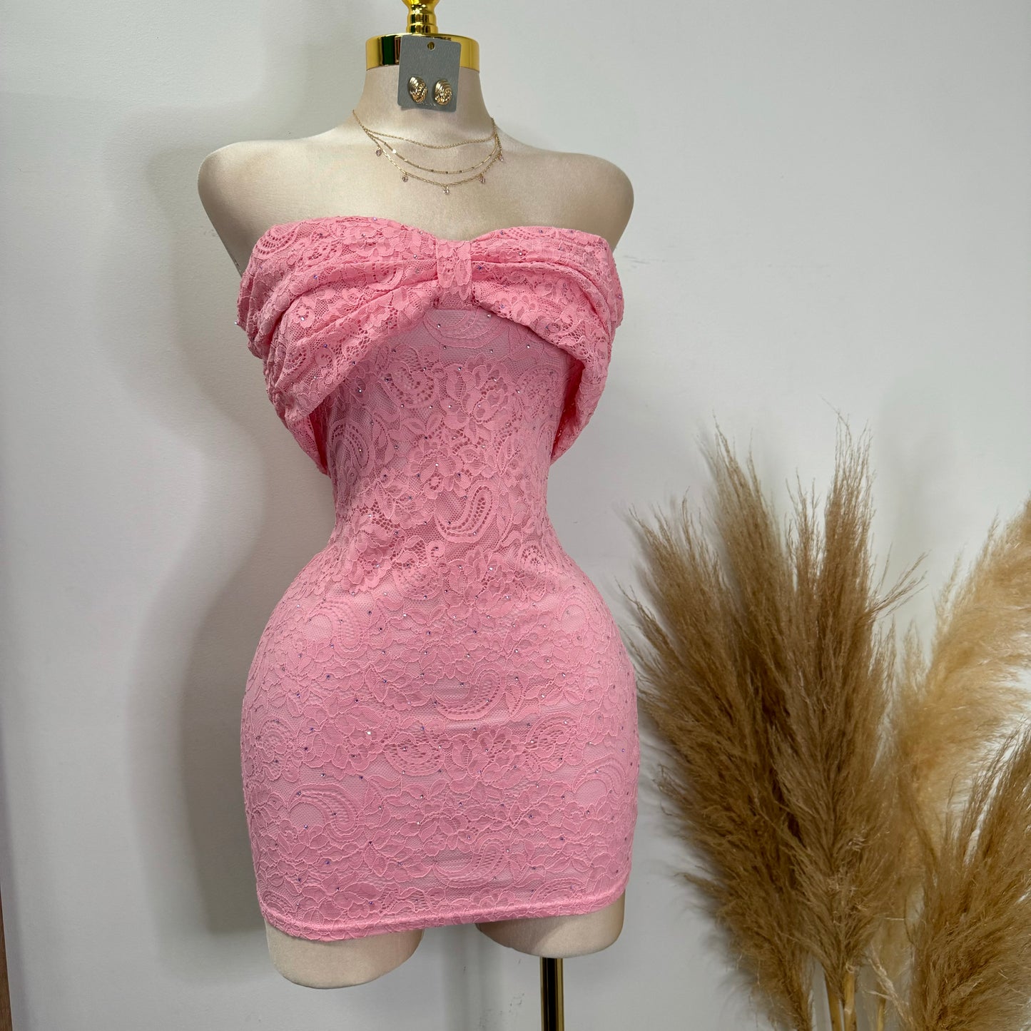 Bow Lace Rhinestone Dress-Pink