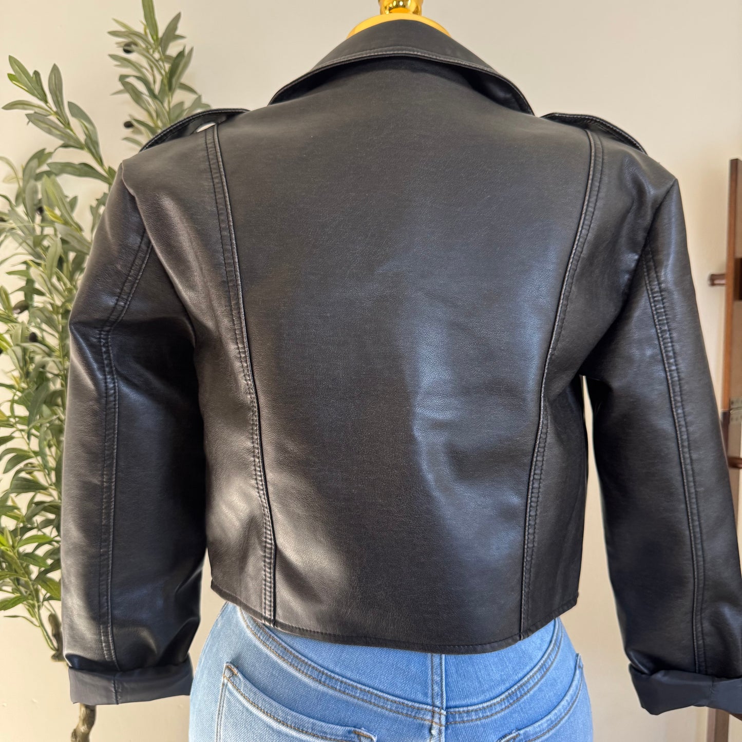 Vintage Wash Faux Leather Motor Jacket-Black