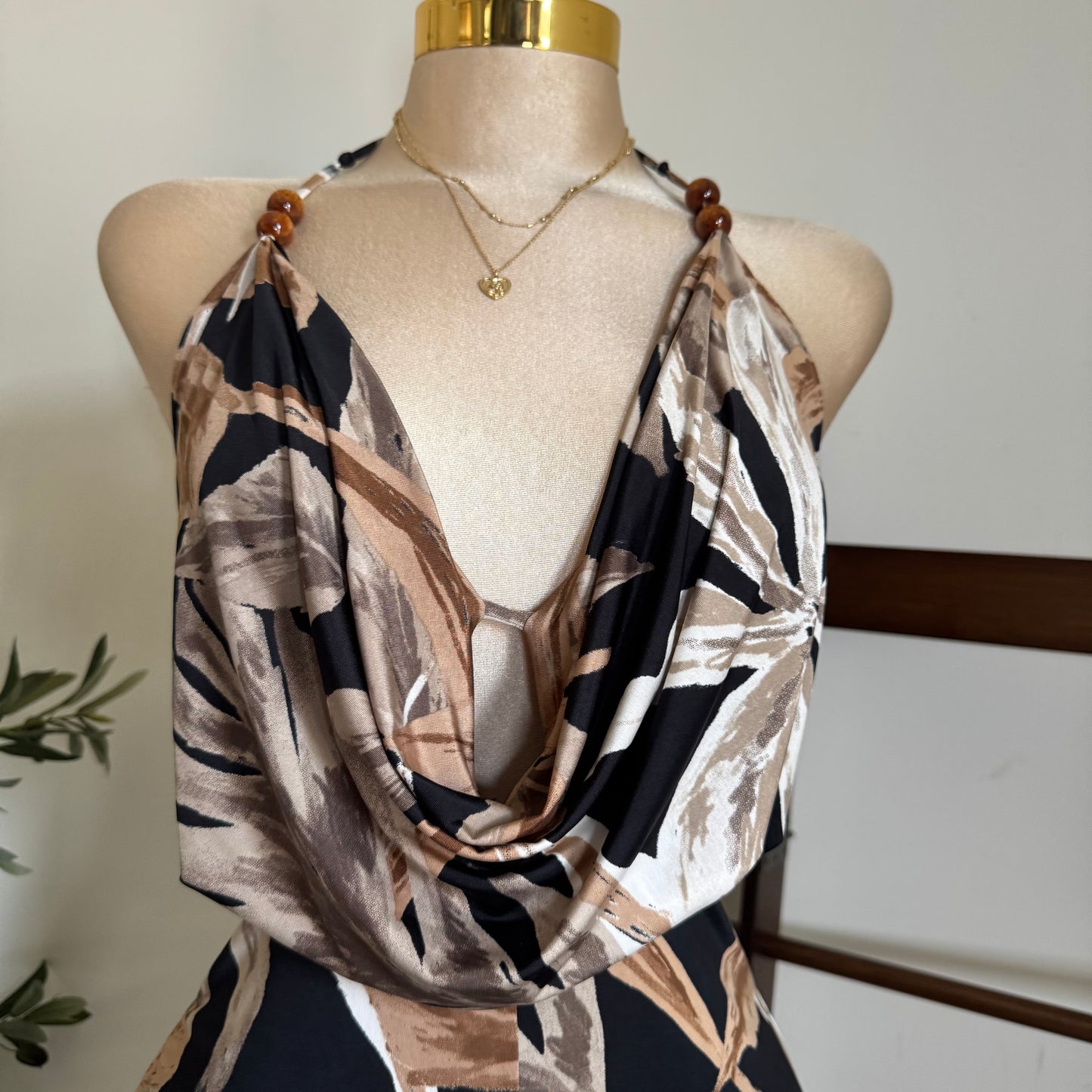 Bead Cowl Neck Halter Jumpsuit-Leaf Print
