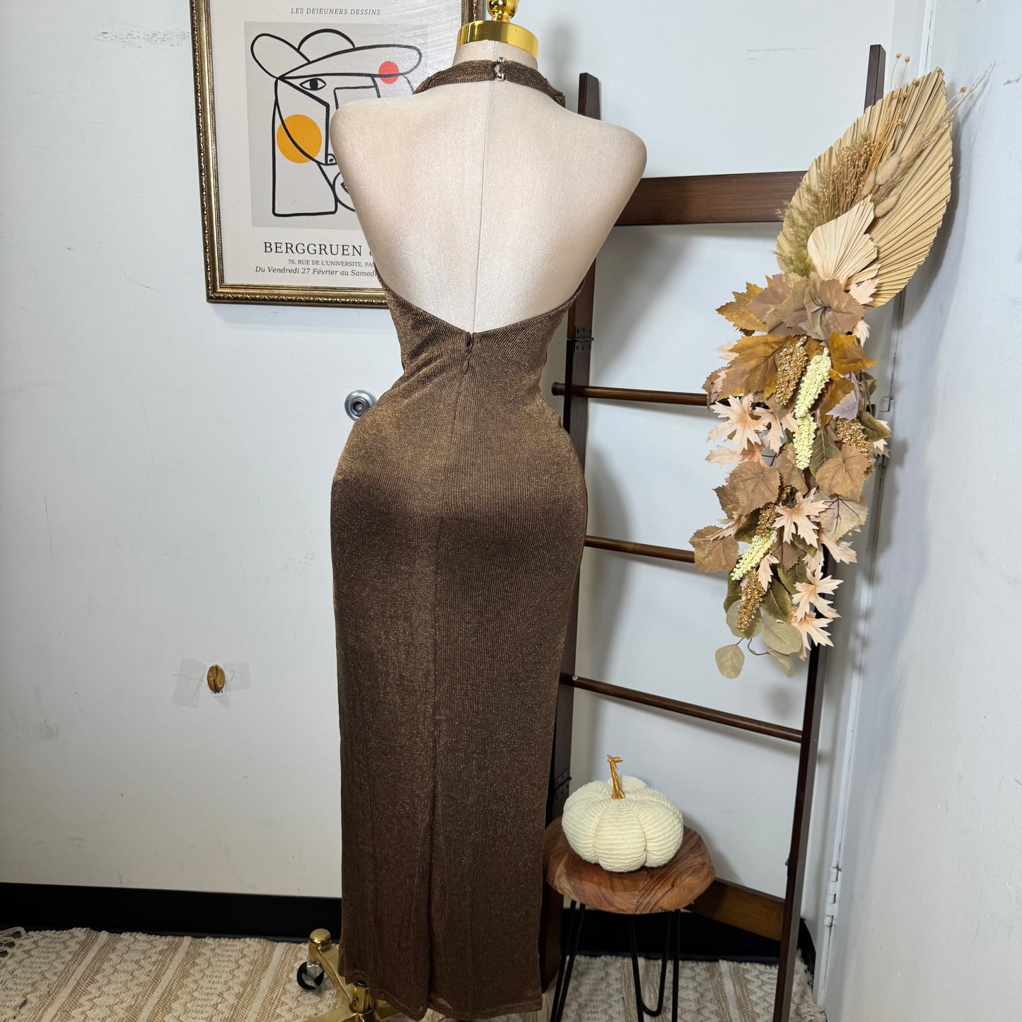 Halter Cowl Neck Metallic Knit Maxi Dress-brown