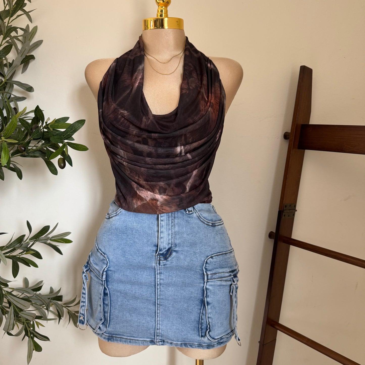 Cowl Neck Mesh Print Lining Top-Brown