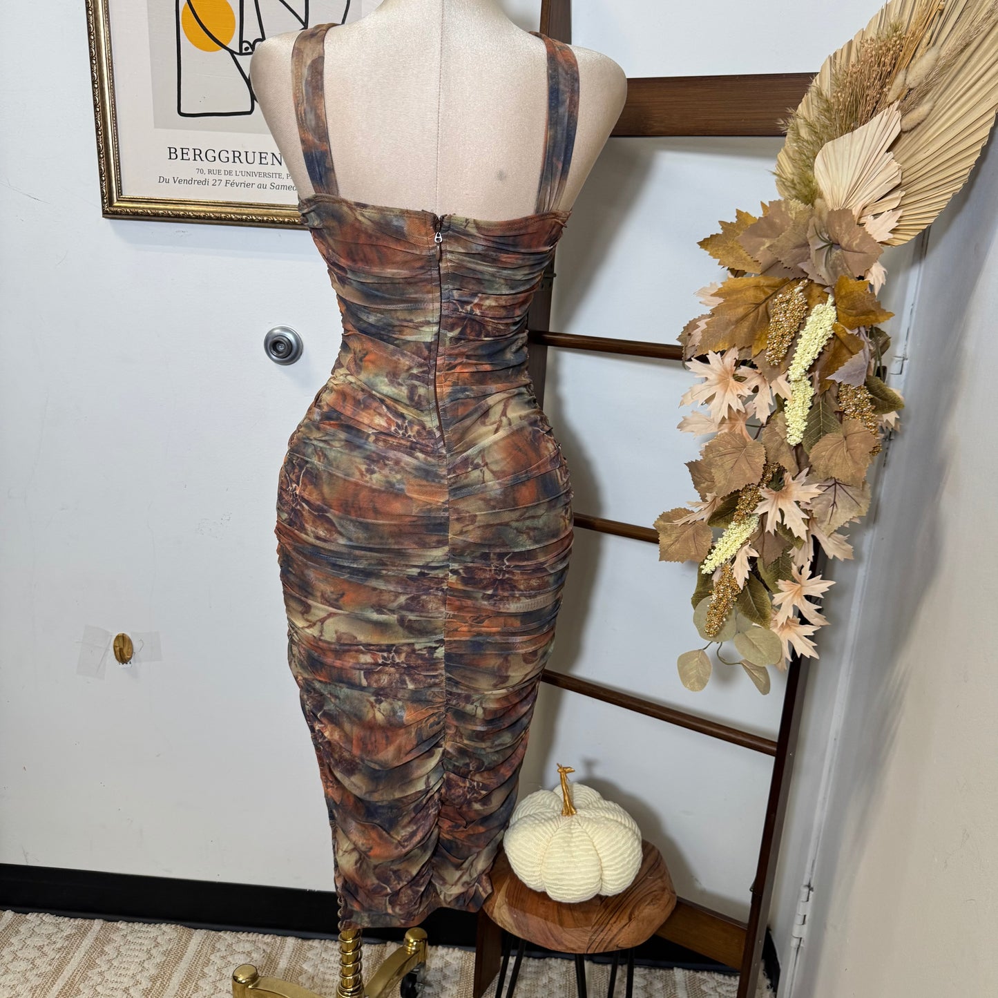 Inara Mesh Twist Halter Neck Midi Dress-Rust Multi