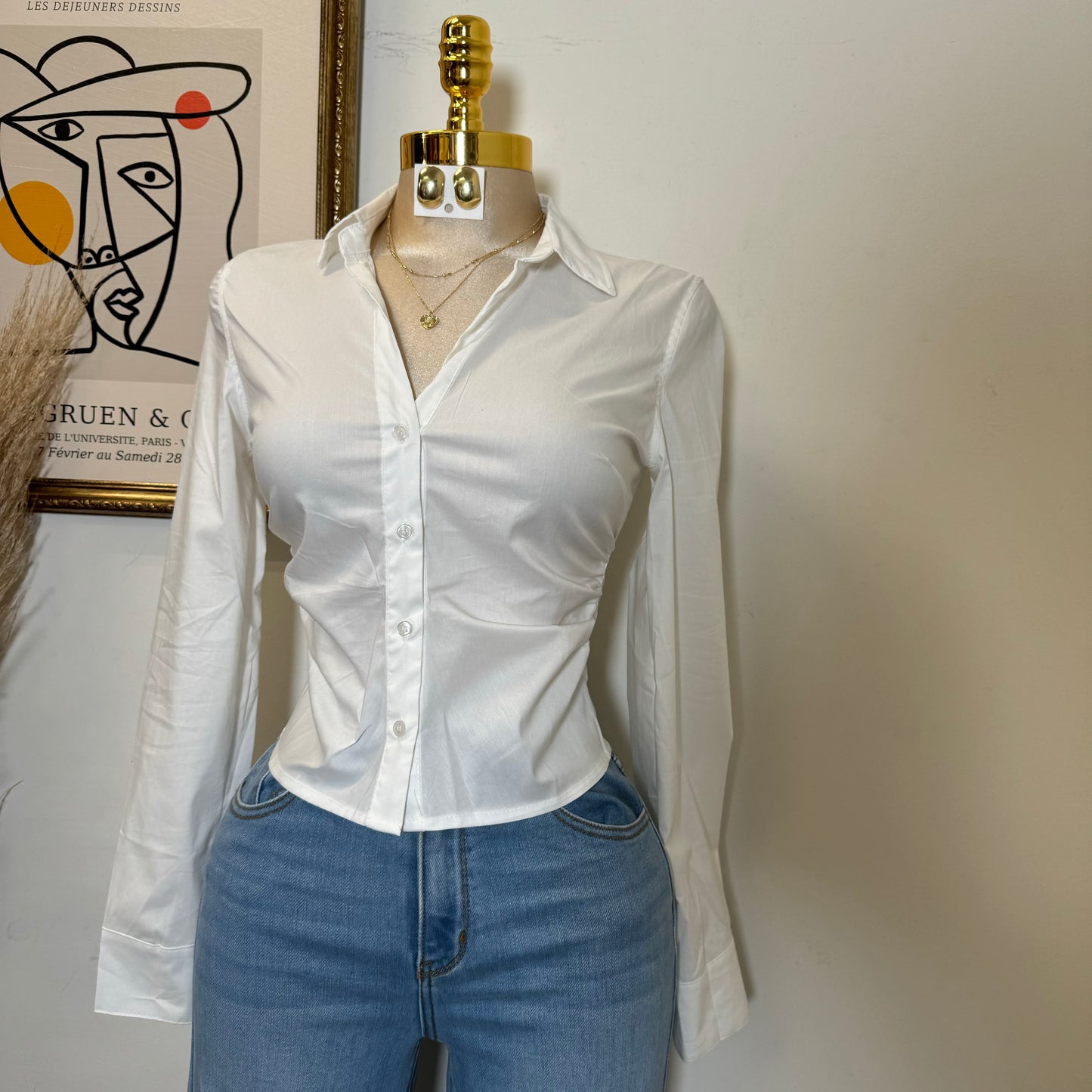 Button Up Long Sleeve Top-White