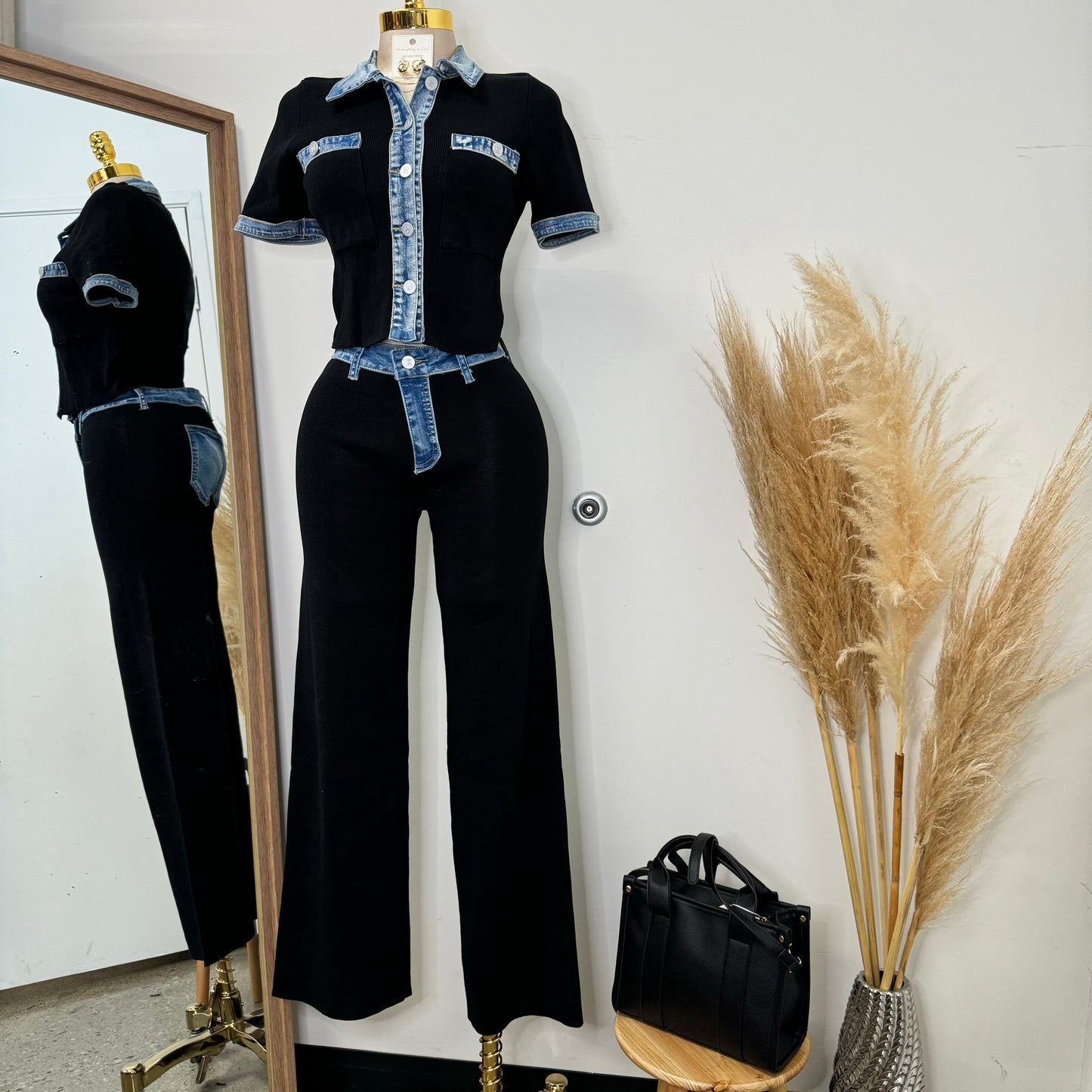 Street Chic Contrast Ribbed Denim Pant Set-black