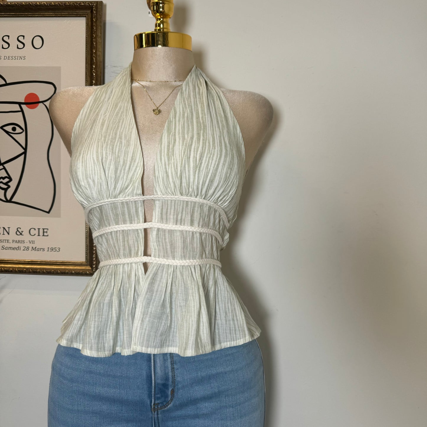 CRINKLE WOVEN PRINT BRAID DETAIL HALTER NECK TOP-Sage