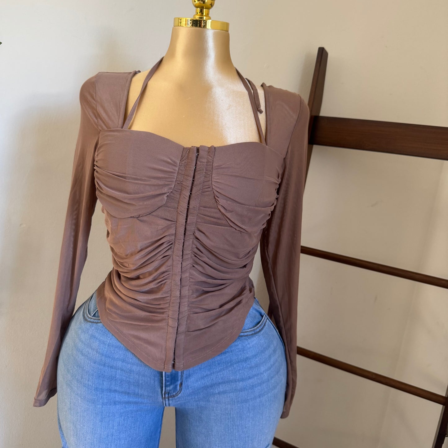 Long Sleeve Corset Top-Brown