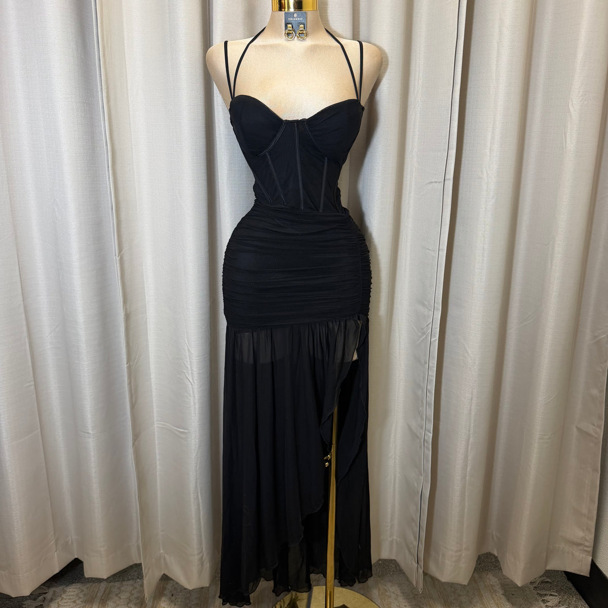 Corset Double Strap Ruched Slit Maxi Dress-Black