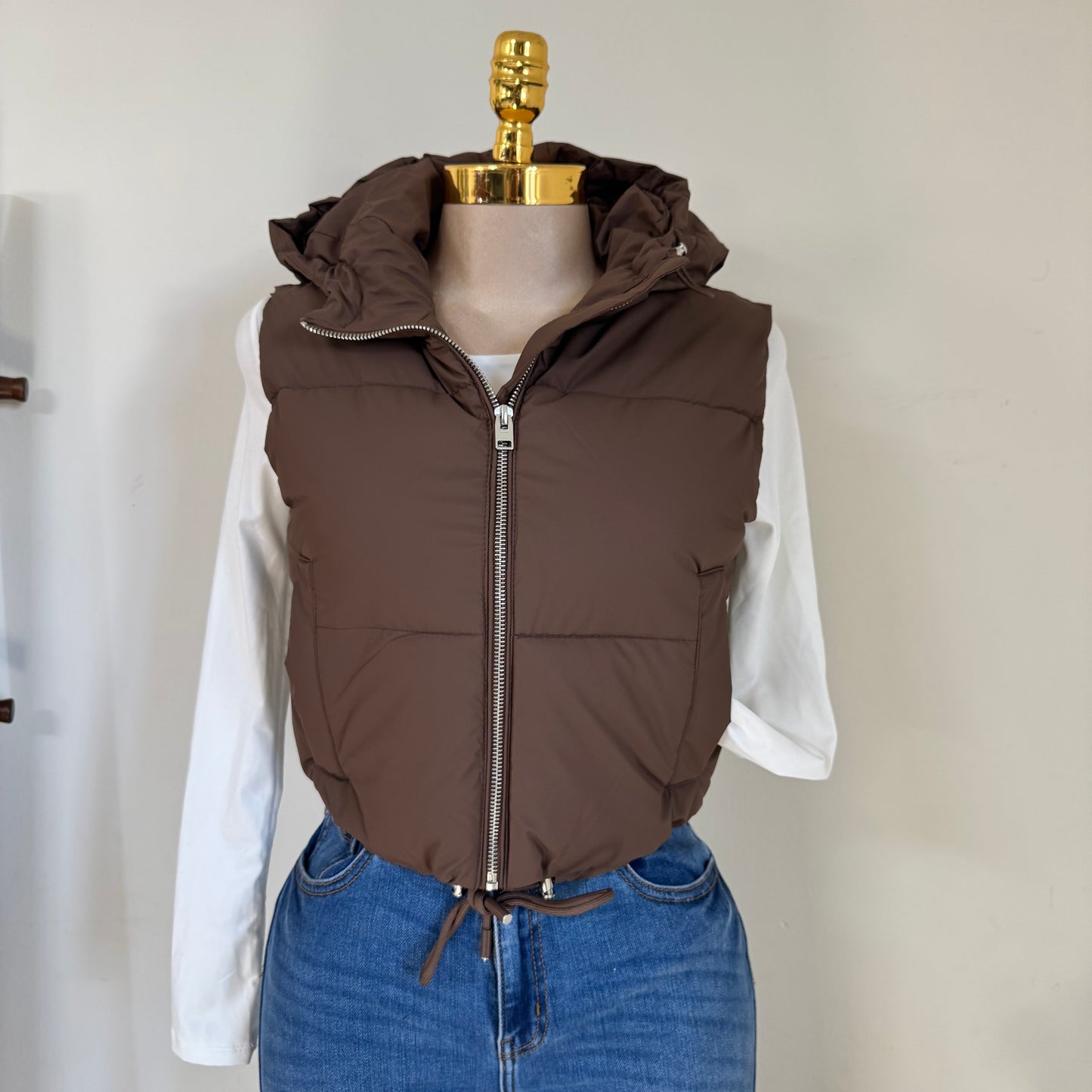 Cropped Puffer Vest W/ Adjustable Drawstrings- Espresso