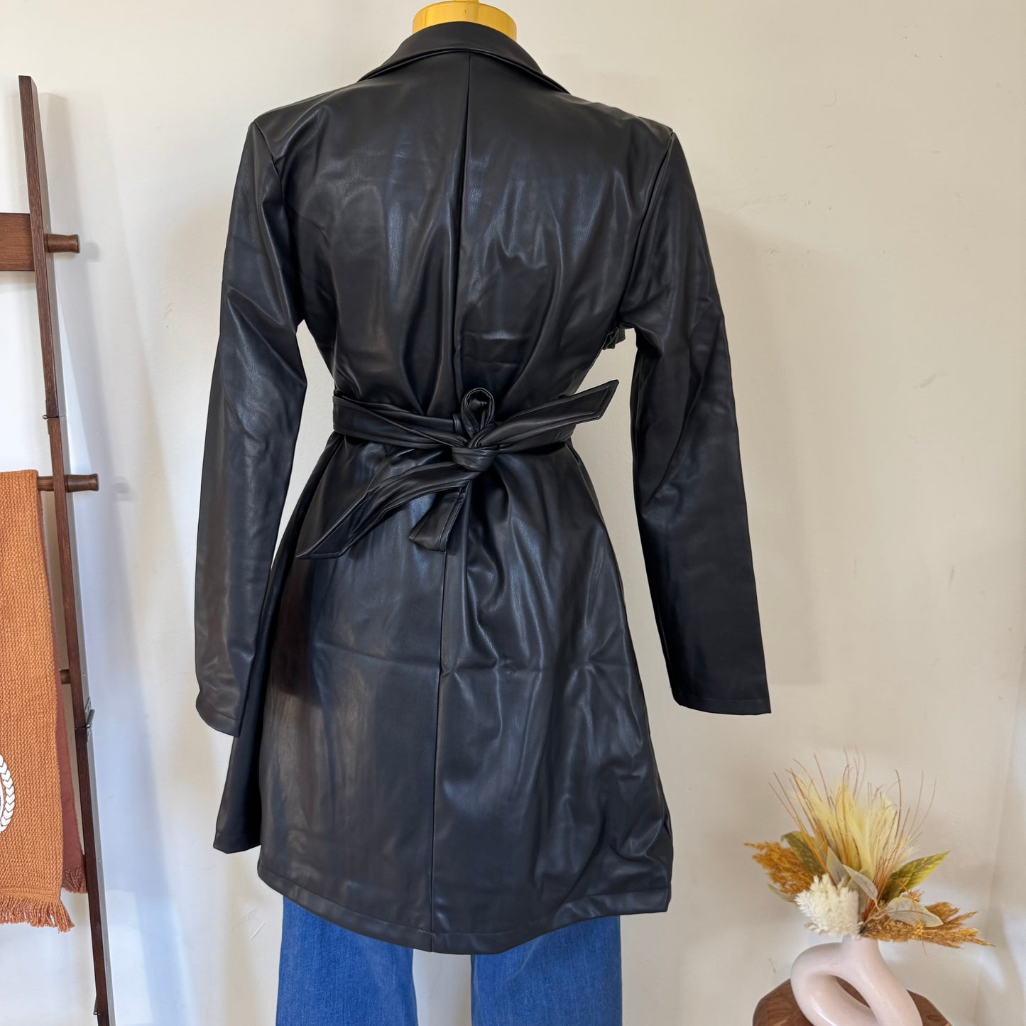 PU double Breasted Belted Trench Coat-Black