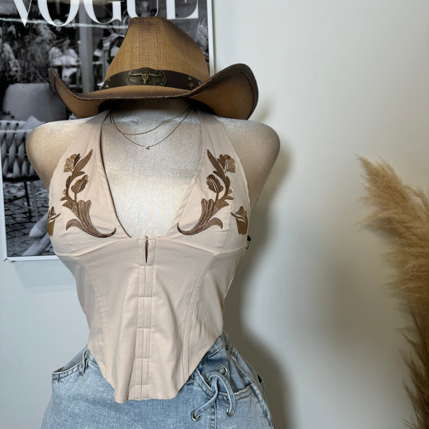 Maisie Western Embroidered Halter Top-Beige
