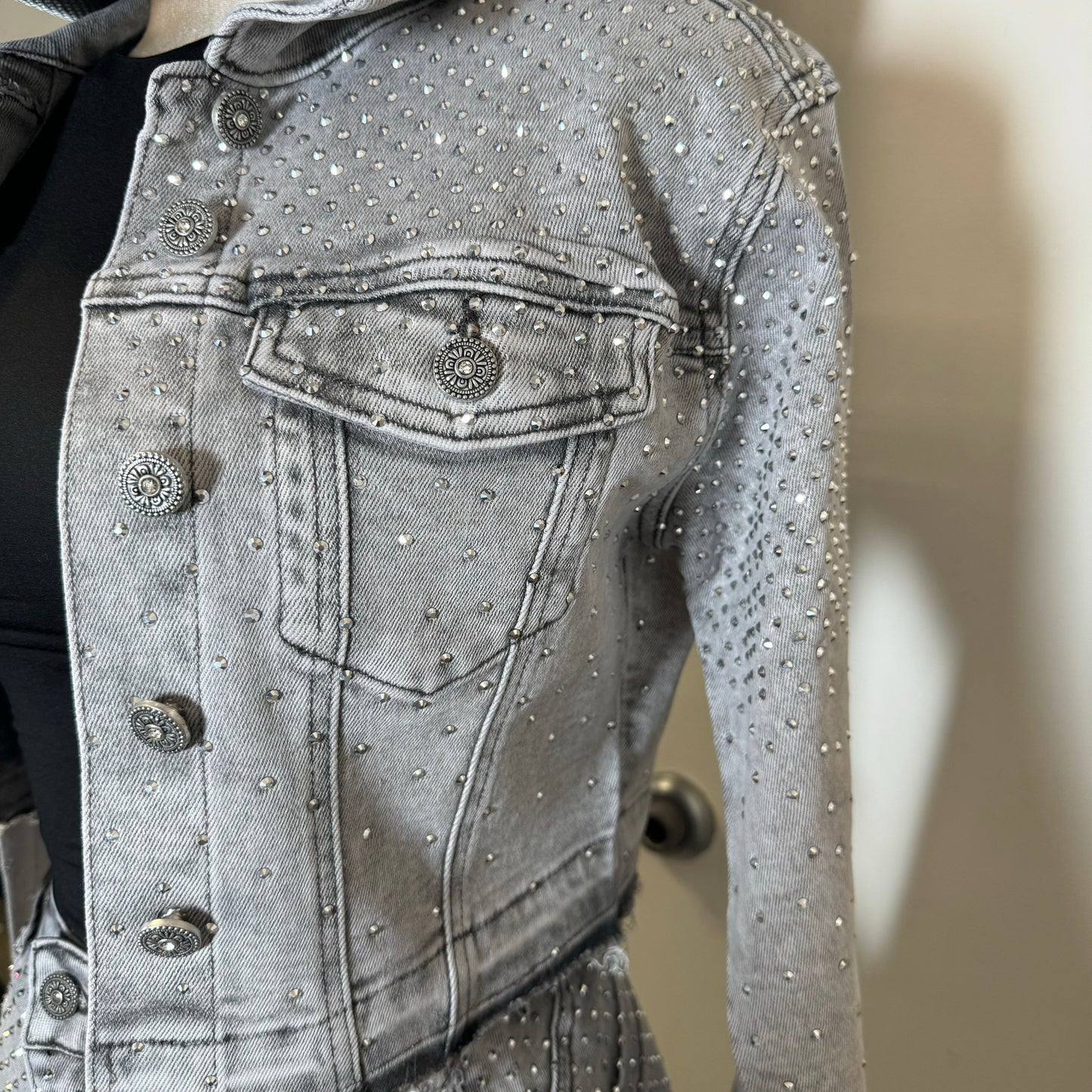 All Rhinestone Denim Jacket -Gray