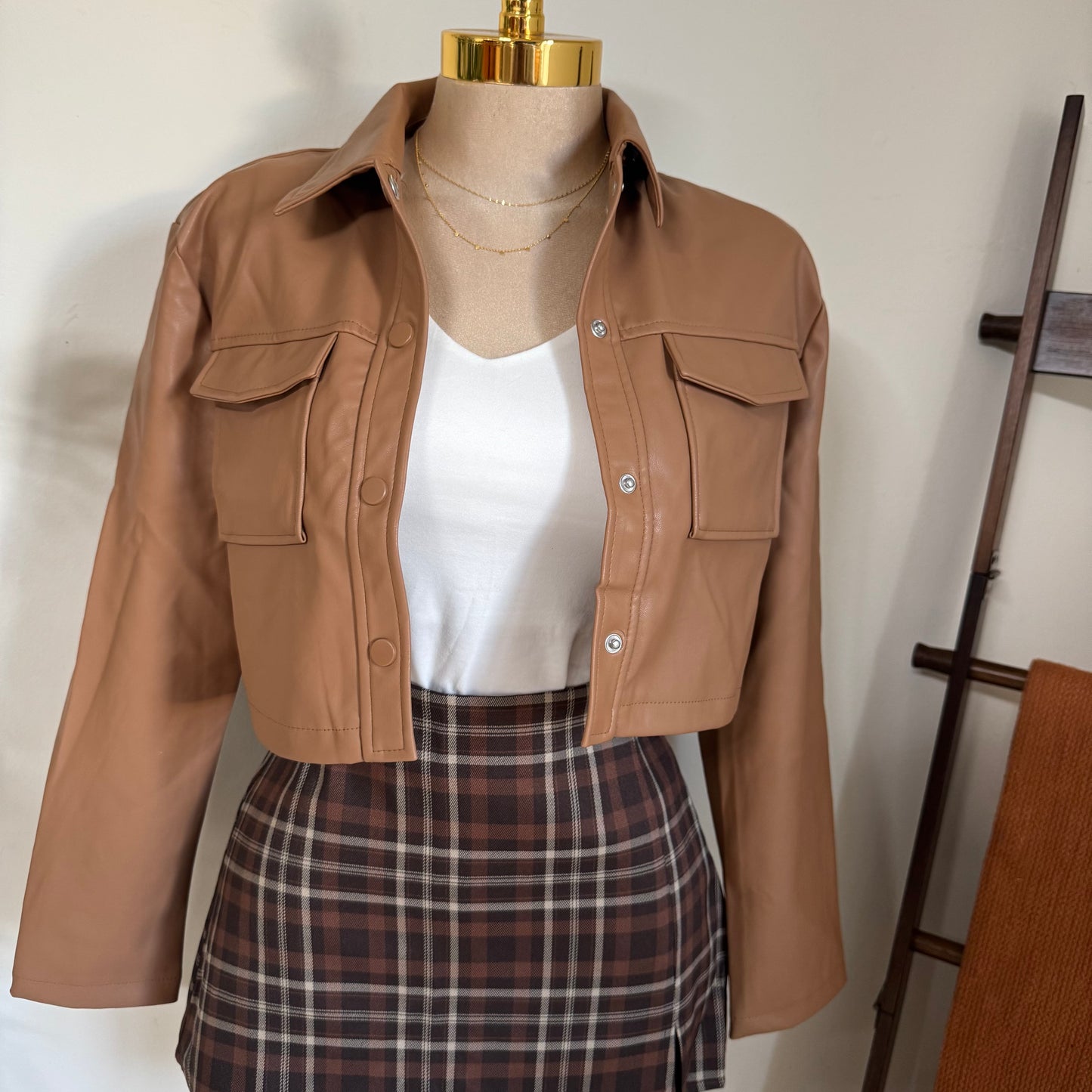 Pu Leather Cropped Jacket- Camel