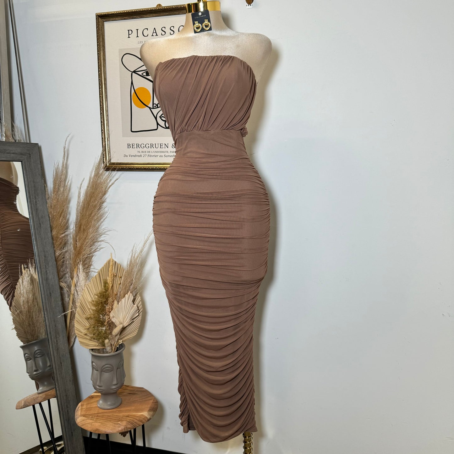 Mesh Off Shoulder Maxi Dress-Brown