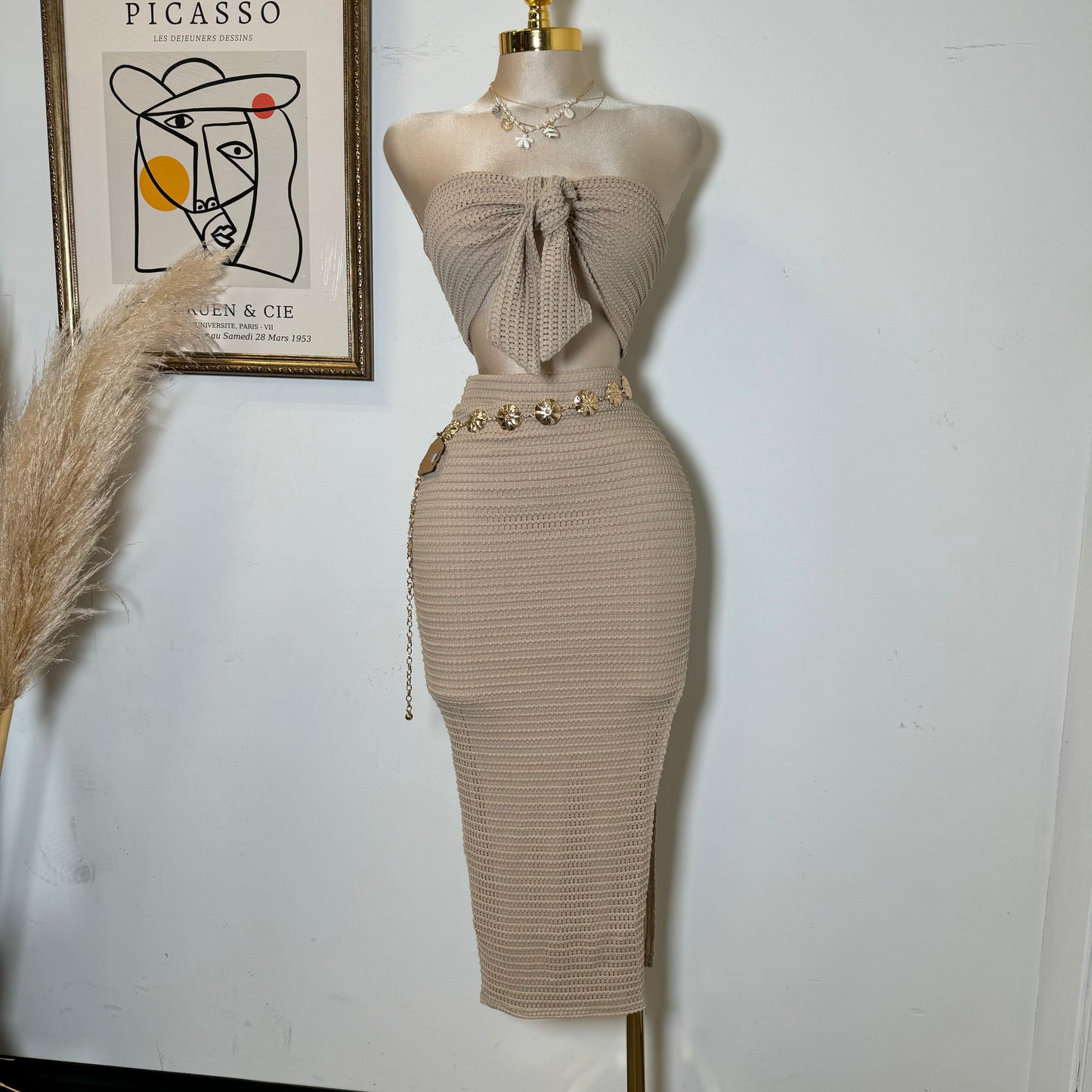Fishnet Textured Knit Bow Tie Tube Top & Skirt Set-Beige