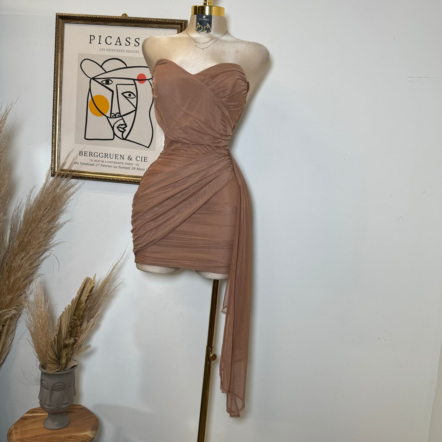 Sweetheart Draped Tube Mini Dress-Mocha