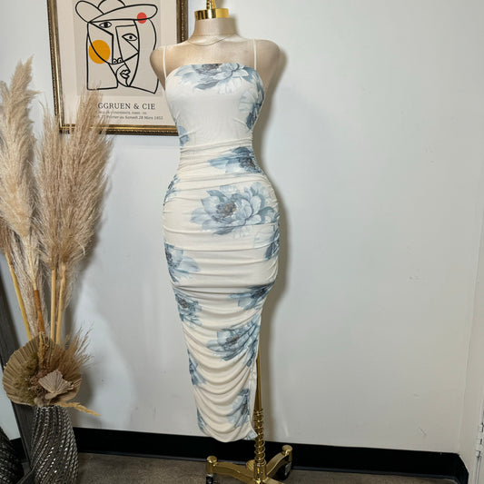 Daisty Ruched Dress-Blue/White