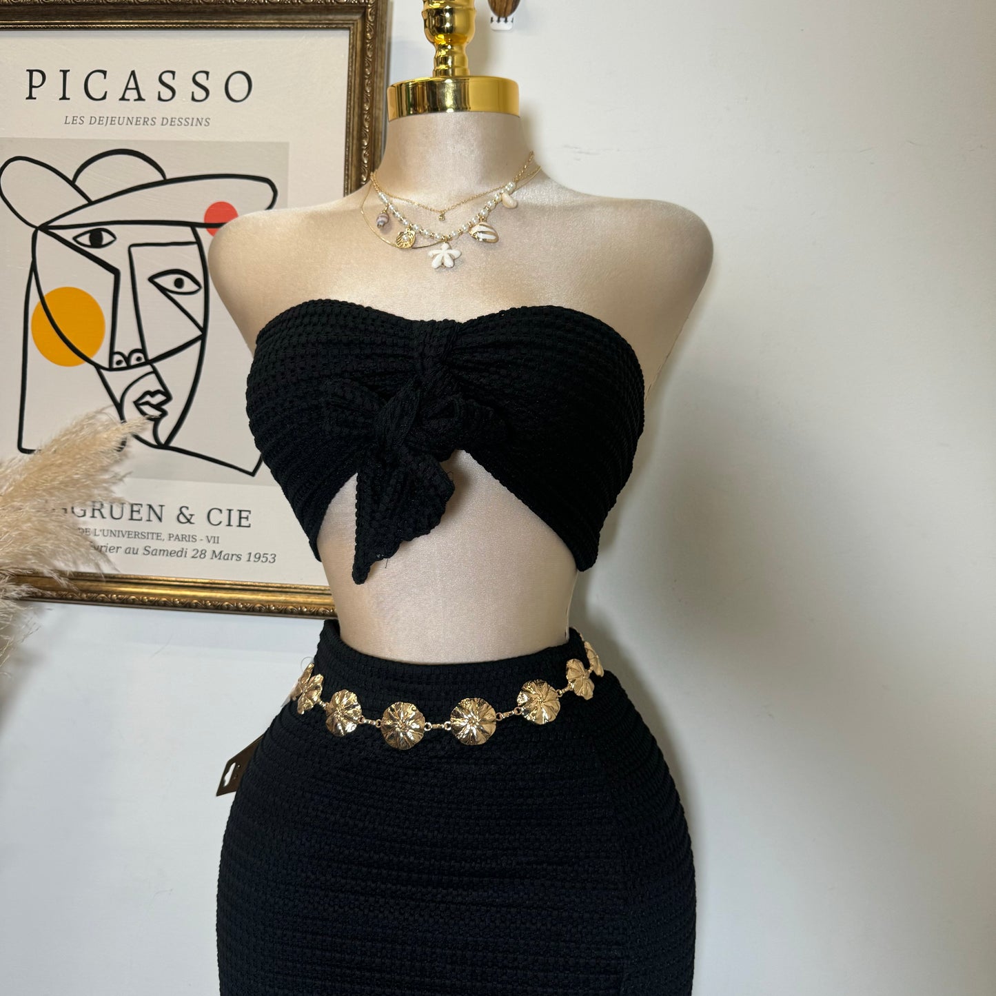 Fishnet Textured Knit Bow Tie Tube Top & Skirt Set-Black